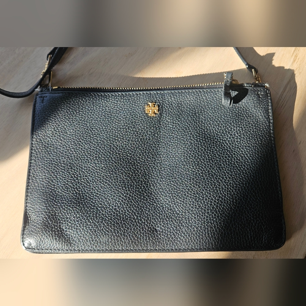 Tory Burch Black Pebbled Leather Zip Crossbody with Gold Logo